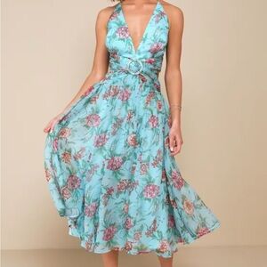 Lulus Floral Halter Neck Dress in Blue and Pink